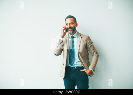 Handsome mature businessman talking on mobile phone in the office Stock Photo