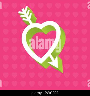 Love heart 3D illustration with arrow through heart. Ornate vector illustration of heart with arrow in retro three dimensional extruded style. Stock Vector