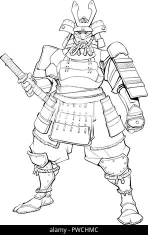 Samurai with japanese sword katana for coloring. Colouring template for