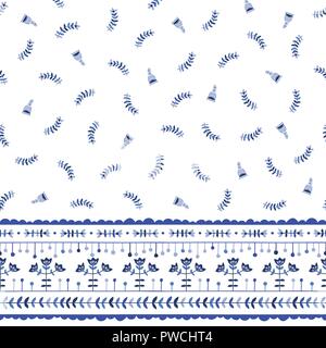 Classic Folk Blue Flowers White Background Vector Seamless Pattern. Hand-Drawn Delft Blooms. Traditional Monochrome Flora. Floral Border Stock Vector