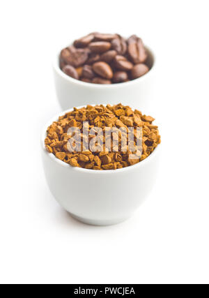 The instant coffee and coffee beans isolated on white background. Stock Photo