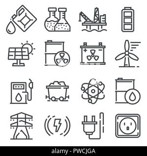 Vector line Energy, electricity, power icons set. Wind turbine, Biofuel, Battery, Solar panel, Nuclear power and more Stock Vector