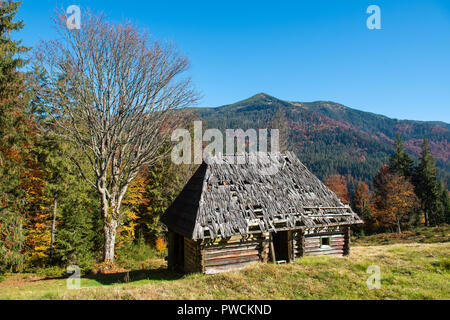 Alone old wooden house in autumn mountain Stock Photo