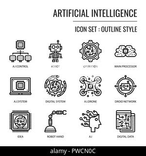 Artificial Intelligence, pixel perfect outline icon, isolated on white background Stock Vector