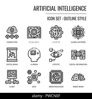 Artificial Intelligence, pixel perfect outline icon, isolated on white background Stock Vector
