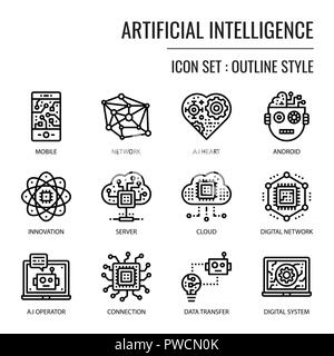 Artificial Intelligence, pixel perfect outline icon, isolated on white background Stock Vector