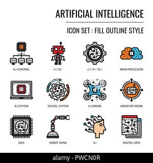 Artificial Intelligence, pixel perfect fill outline icon, isolated on white background Stock Vector