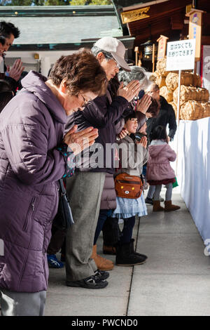 Japanese new year, shogatsu. People standing and praying at the scared area in the main hall, Honden of the Nishinomiya Shinto shrine. Stock Photo