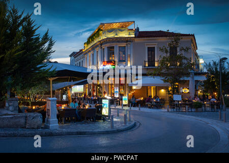 Athens, Greece - October 02, 2018: Coffee shops and bars in Thissio neighbourhood of Athens, Greece. Stock Photo