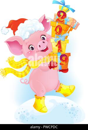 Yellow Earthy Pig with Gift Boxes. Cute Symbol of Chinese Horoscope. Stock Vector