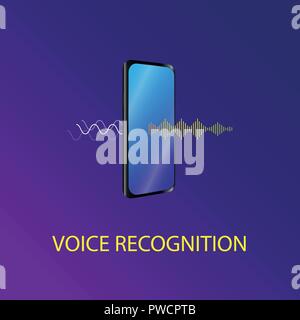Voice recognition Vector illustration A sound symbol The sound wave is passing through the mobile phone and converted to speech Stock Vector