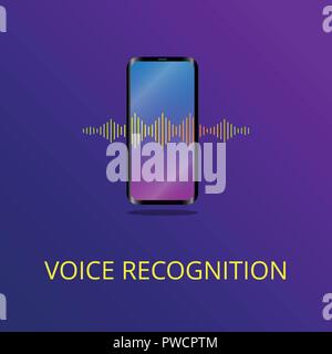 Voice recognition Vector illustration A sound symbol The sound wave is passing through the mobile phone and converted to speech Stock Vector