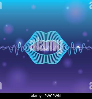 Voice recognition Vector illustration Neon sound wave in the shape of a mouth on blurred abstract violet background Stock Vector