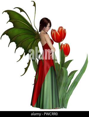 Dark Haired Red Tulip Fairy Stock Photo