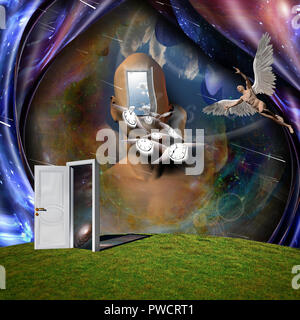 Surrealism. Man's head with door to another world. Man with wings represents angel. Winged clocks symbolizes flow of time. 3D rendering Stock Photo