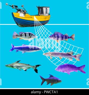 Fishing boat and net for catching fish. Site about the sea, fishing, fish, profession. Stock Vector