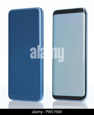 Isometric view of blue smartphone isolated on white studio background Stock Photo