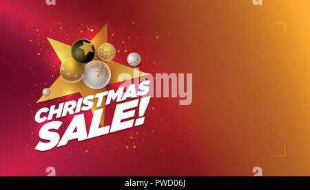 Vector Christmas Sale poster design template with 3d white, black and gold Christmas balls. Red to yellow bright color gradient background. Horizontal Stock Vector