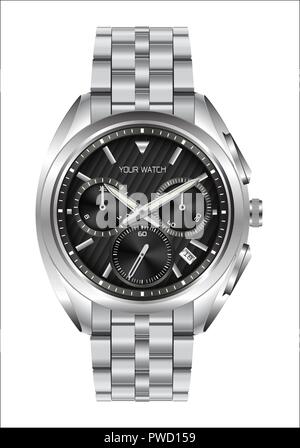 Realistic clock watch stainless steel black face luxury for men on white background vector illustration. Stock Vector