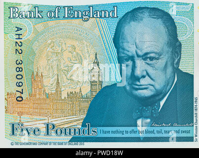 Portrait of Winston Churchill from 5 pounds banknote, UK, 2015 Stock Photo