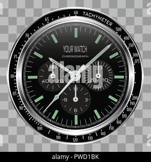 Realistic watch clock chronograph face stainless steel dial black on checkered pattern background vector illustration. Stock Vector
