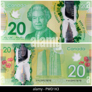20 dollars banknote, Queen Elizabeth II, Canadian National Vimy Memorial, Canada, 2012 Stock Photo