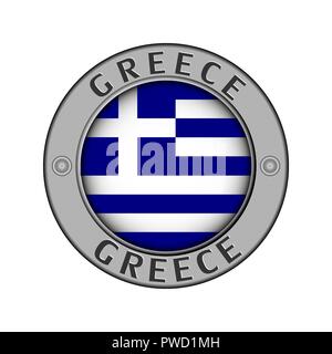 Round metal medallion with the name of the country of Greece and a round flag in the center Stock Vector