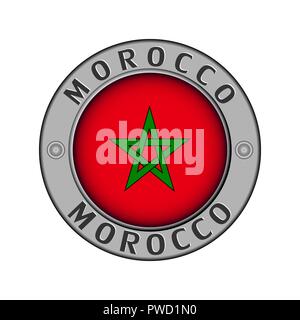 Round metal medallion with the name of the country of Morocco and a round flag in the center Stock Vector