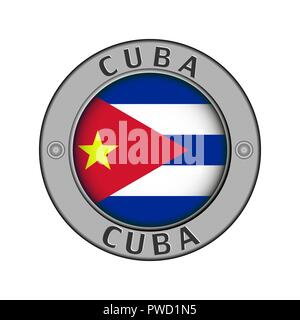 Round metal medallion with the name of the country of Cuba and a round flag in the center Stock Vector
