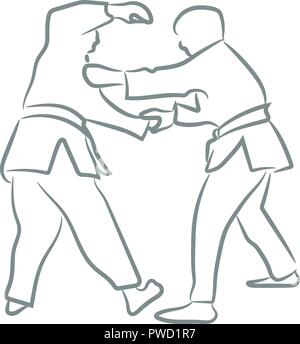 Judo symbol or logo silhouette with line art style. Two fighters with ...