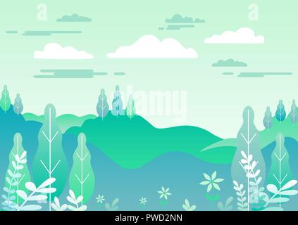 Village landscape in trendy flat and linear style vector illustration. Mountains and hills, flowers and trees, abstract background with copy space for Stock Vector
