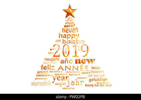 2019 new year multilingual text word cloud greeting card in the shape of a christmas tree Stock Photo
