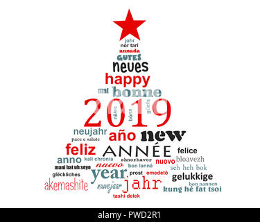 2019 new year multilingual text word cloud greeting card in the shape of a christmas tree Stock Photo