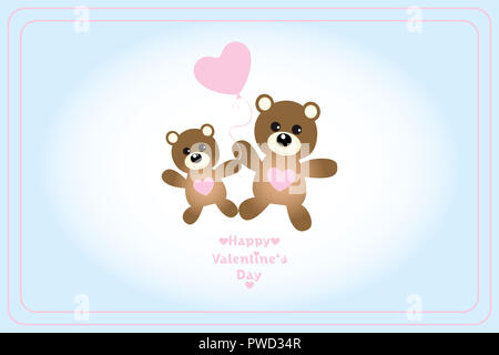 Couple of cute isolated teddies on Valentine's Day with pink hearts on light-blue background Stock Photo