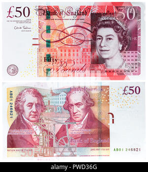 50 pounds banknote, Queen Elizabeth II, Matthew Boulton, James Watt, UK, 2010 Stock Photo