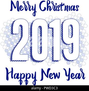 Happy New Year 2019 Greeting Card with Numbers on Hex Background. Merry Christmas Text Flyer or Poster Design Stock Vector