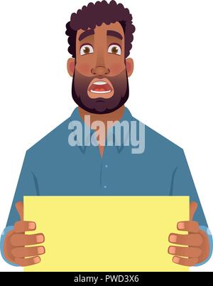 African man holding blank card. Afro american man with sign. Vector illustration Stock Vector