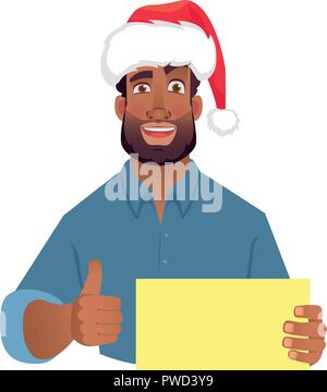 African man in christmas hat holding blank card. African american man with thumbs up. Vector illustration Stock Vector