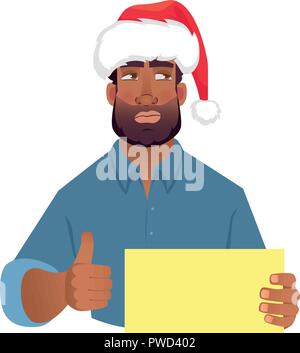 African man in christmas hat holding blank card. African american man with thumbs up. Vector illustration Stock Vector