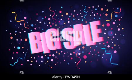 Big Sale overlapping festive lettering with colorful round confetti over dark violet background for your graphic and web design Stock Vector