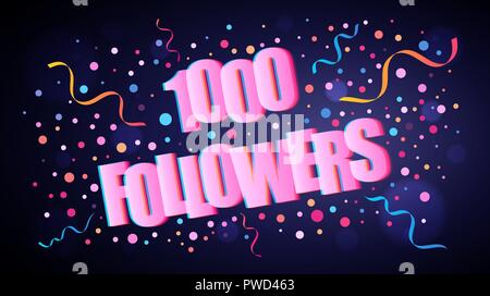 1000 Followers overlapping festive lettering with colorful round confetti over dark violet background for your graphic and web design Stock Vector