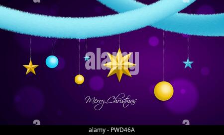 Merry Christmas holiday decorations. Light blue abstract tinsel garlands, stars and christmas balls over dark violet background for your design Stock Vector