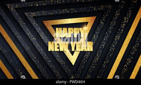 Happy New Year holiday metal banner. Abstract black and gold brushed metallic triangle panels with grunge golden dust overlay texture Stock Vector