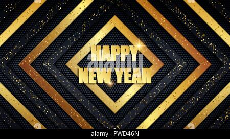 Happy New Year holiday metal banner. Abstract black and gold brushed metallic square panels with grunge golden dust overlay texture Stock Vector