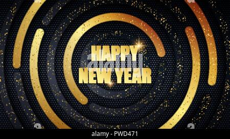 Happy New Year holiday metal banner. Abstract black and gold brushed metallic round panels with grunge golden dust overlay texture Stock Vector