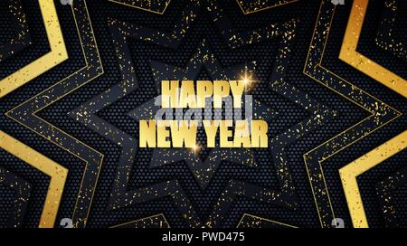 Happy New Year holiday metal banner. Abstract black and gold brushed metallic star shape panels with grunge golden dust overlay texture Stock Vector