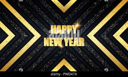Happy New Year holiday metal banner. Abstract black and gold brushed metallic crossed panels with grunge golden dust overlay texture Stock Vector