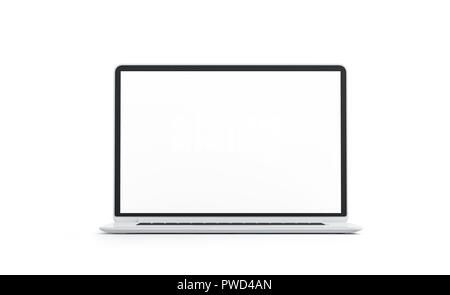 Blank white laptop screen mock up, isolated, 3d rendering. Empty computer display mockup, front view. Clear portable data processor. Pc monitor template. Stock Photo