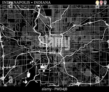 Simple map of Indianapolis, Indiana, USA. Black and white version for clean backgrounds and prints. This map of Indianapolis contains three markers wh Stock Vector