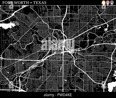 Simple map of Fort Worth, Texas, USA. Black and white version for clean backgrounds and prints. This map of Fort Worth contains three markers who are  Stock Vector